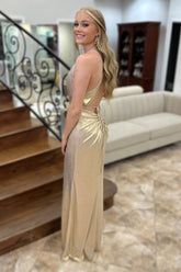 Gold Prom Dress Backless Long Formal Dress With Slit